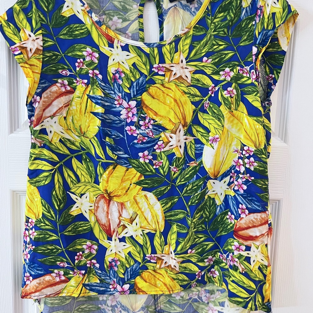 Ladies Size XS Rachel Blue and Yellow Floral Blouse Coastal Look GUC